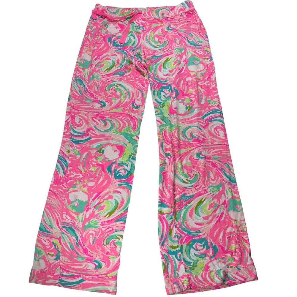 Lilly Pulitzer Pink Green Swirl Print Pajama Pants Womens Medium Lounge Wide Leg